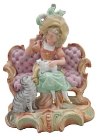 Vintage Porcelain Figurine - Lady with elaborate hat and two cats
