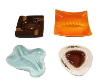 4 MCM Ashtrays including Royal Haeger Orange R1311, Romeo USA Triangular / Pinecone, Calif Pottery