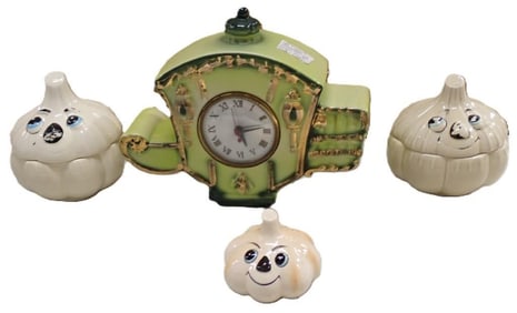 MCM Anthropomorphic Garlic Salt and Pepper Shakers and Vintage Ansonia Teapot Shaped Electric Clock