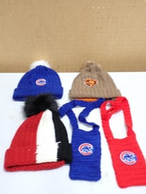 Chicago Cubs, Bears, Blackhawks Hand Knit Hats and Small Purse / Cellphone Holders