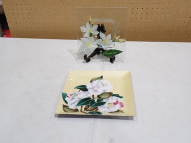 Enamel Deco Ando Cloisonne Japan and Fused Glass / Art Glass Floral Trinket Dish