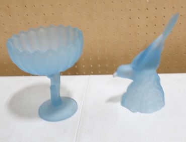 Vintage Indiana Glass Frosted / Satin Blue Lotus Blossom Compote and LE Smith Glass Bird Figurine