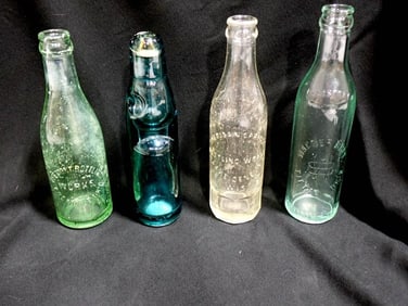 4 Antique Glass Drinking Bottles including Codd Bottle late 1800's/early 1900's