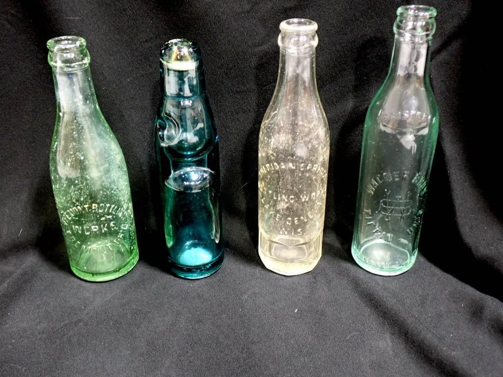 4 Antique Glass Drinking Bottles including Codd Bottle late 1800's/early 1900's (1 of 6)