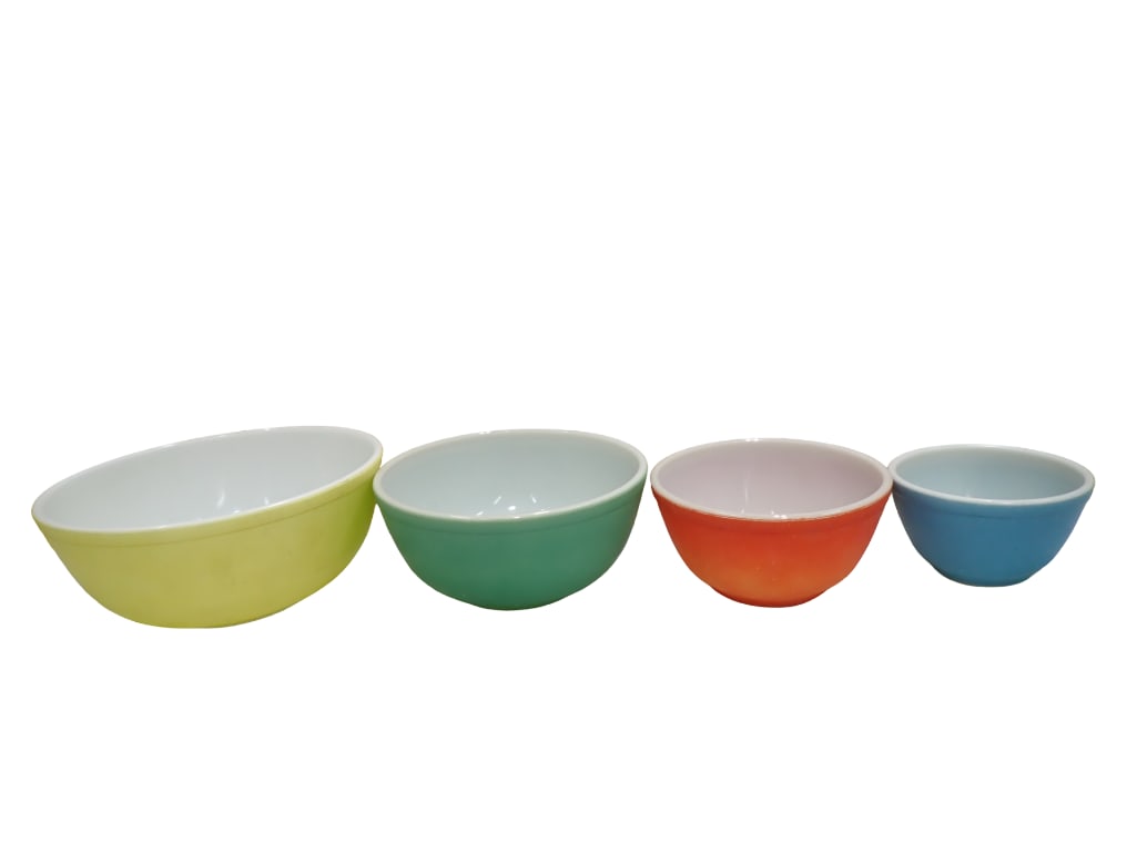 Vintage Pyrex Primary Color Nesting Bowls Set of 4 Mixing Bowls Yellow, Green, Red, Blue (1 of 9)