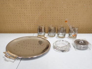 Vintage MCM Edgar Watkins Eclipse Bar Glasses, Chrome Serving Tray, Cocktail Stirrers,