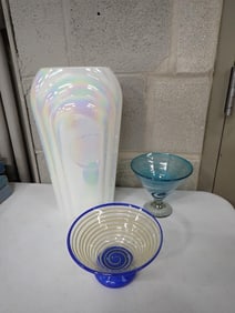 Vintage Fluted Scalloped Vase with Iridescent Pearlescent Finish and 2 Art Glass Footed Bowls