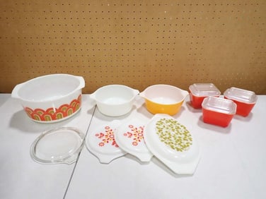 Vintage Pyrex incl Arches or Designs Casserole Dish, 3 Red Fridgies Refrigerator Dishes,