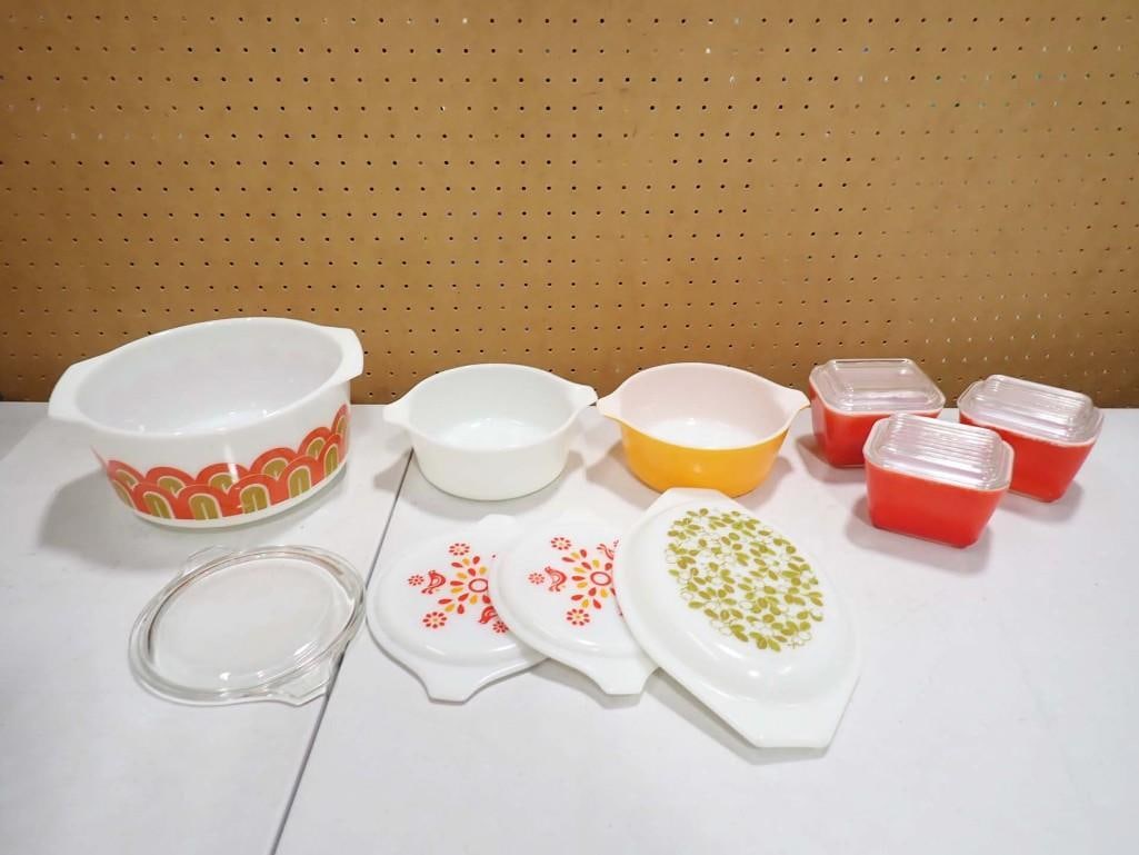 Vintage Pyrex incl Arches or Designs Casserole Dish, 3 Red Fridgies Refrigerator Dishes, (1 of 12)