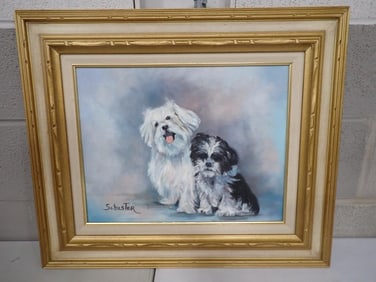 Framed Painting on Canvas Signed Schuster - Two Dogs