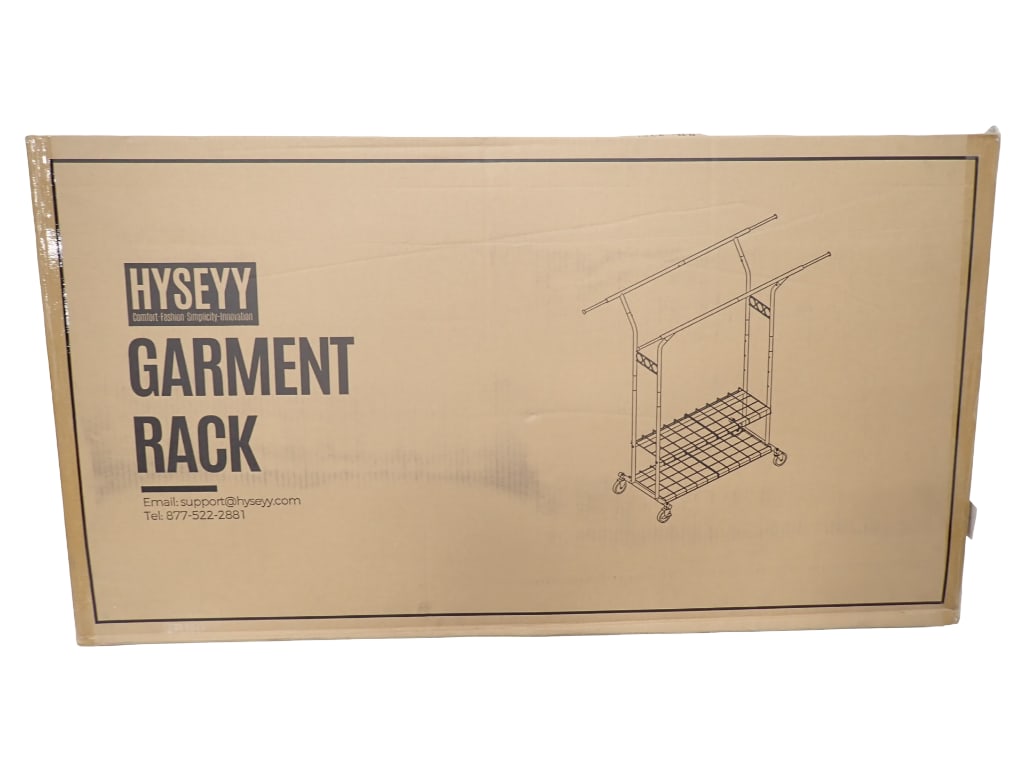 New Hyseyy Garment Rack: Hyseyy Garment Rack New in Box - should look similar to the first picture All pictures are considered part of the description and should be examined carefully by bidders. Live Auctioneers is now offer