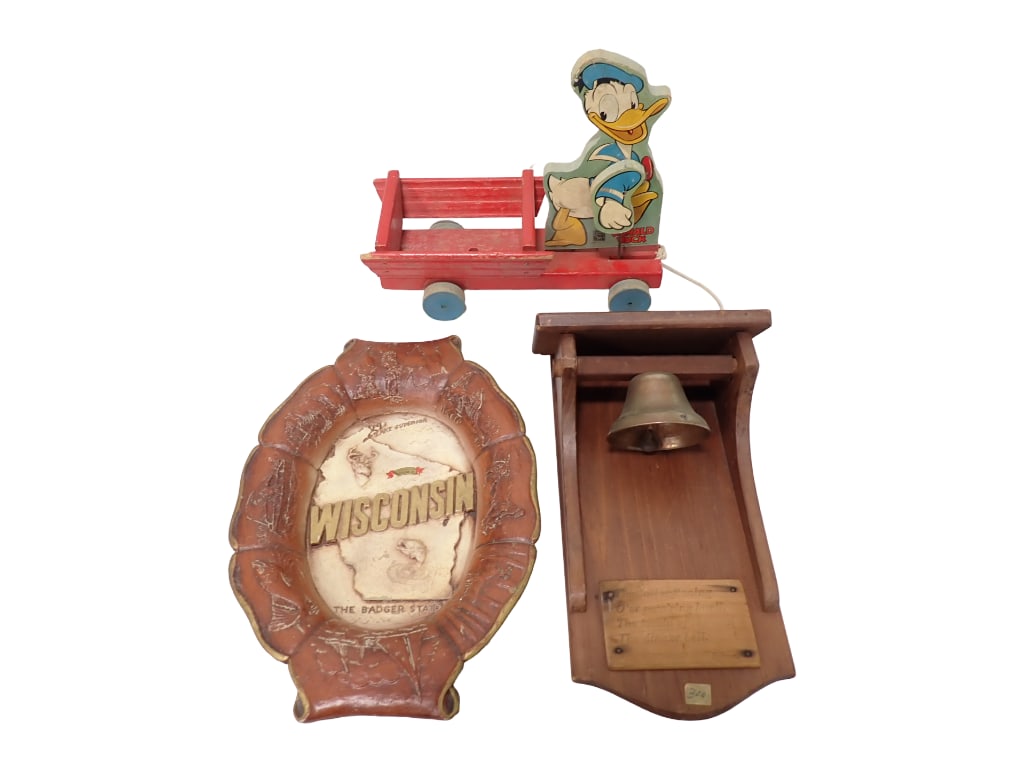 Vintage Lot incl Donald Duck Pull Toy, Dinner Bell, Wisconsin Sign (1 of 5)