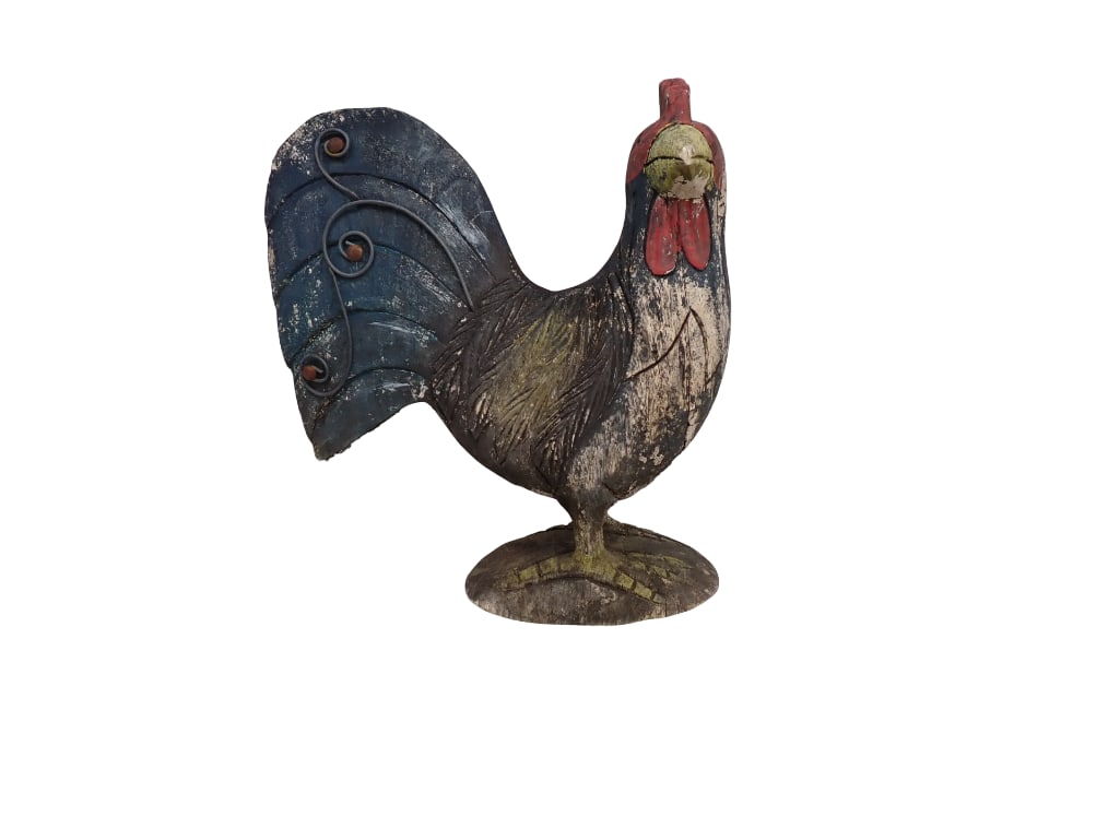 Carved Wood Chicken Rooster or Hen: Carved Wood Chicken Rooster or Hen Condition; cracked, has paint wear and loss 11"x4"x13" All pictures are considered part of the description and should be examined carefully b