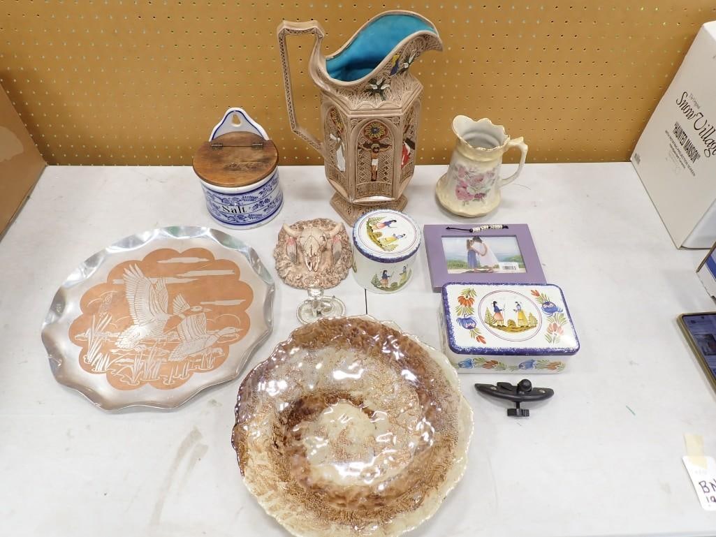 Collectibles incl Vintage Apostle Pitcher or Jug, Blue and White Salt Cellar, Metal Tray, (1 of 8)