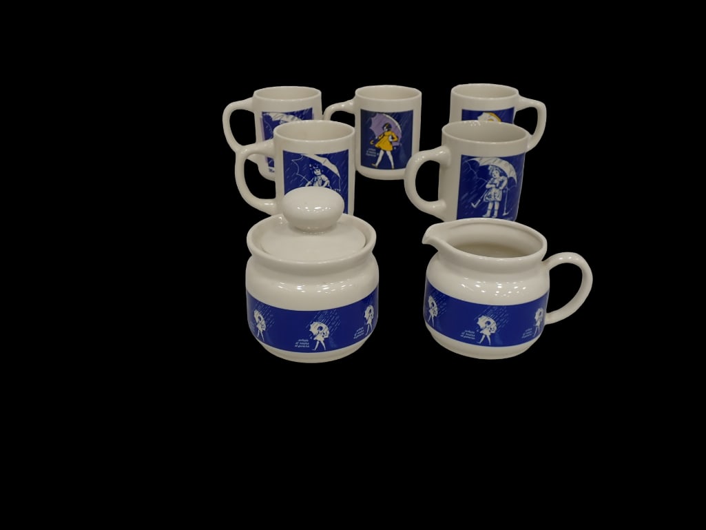 Morton Salt Creamer, Sugar Bowl, and 5 Mugs: Morton Salt Creamer, Sugar Bowl, and 5 Mugs All pictures are considered part of the description and should be examined carefully by bidders. Live Auctioneers is now offering Live Shipping through them