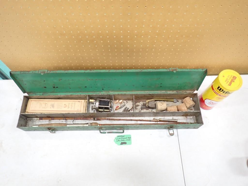 Vintage Heddon Lone Eagle Fishing Kit - Rod, Reel, Case: Vintage Heddon Lone Eagle Fishing Kit - Rod, Reel, Case. Plus some Tennis Balls All pictures are considered part of the description and should be examined carefully by bidders. Live Auctioneers