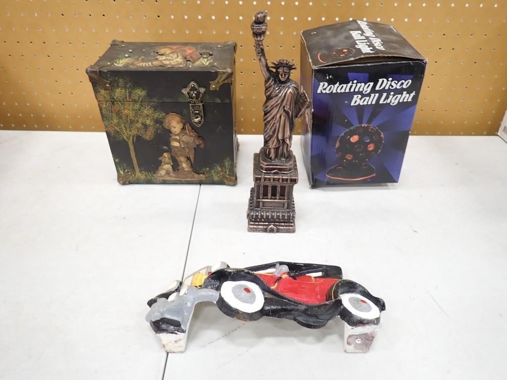 Misc. Lot including Rotating Disco Ball Light, Statue of Liberty Figurine, Vintage or Antique Treasu (1 of 6)