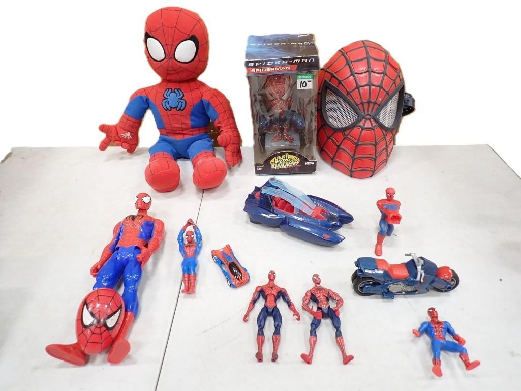 Spiderman Lot including Head Knocker, Plush, Mask, Action Figures, Cars, etc.: Spider-man Lot including Head Knocker, Plush, Mask, Action Figures, Cars, etc. All pictures are considered part of the description and should be examined carefully by bidders. Live Auctioneers is now