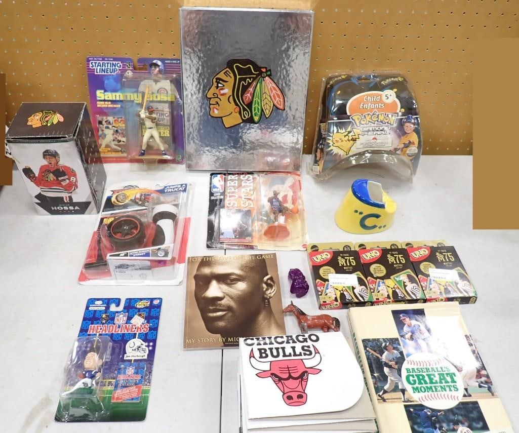 Sports Lot including Starting Lineup, Chicago Bulls, Michael Jordan, Blackhawks, Bobblehead, Pokemon (1 of 9)