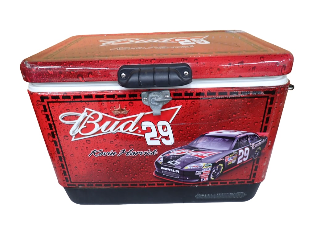 Bud 29 Kevin Harwick Cooler Budweiser Beer: Bud 29 Kevin Harwick Cooler Budweiser Beer Condition: has some scuffs and scratches, especially on the corner of the lid and top. 22"x15"x16" All pictures are considered part of the description and sh