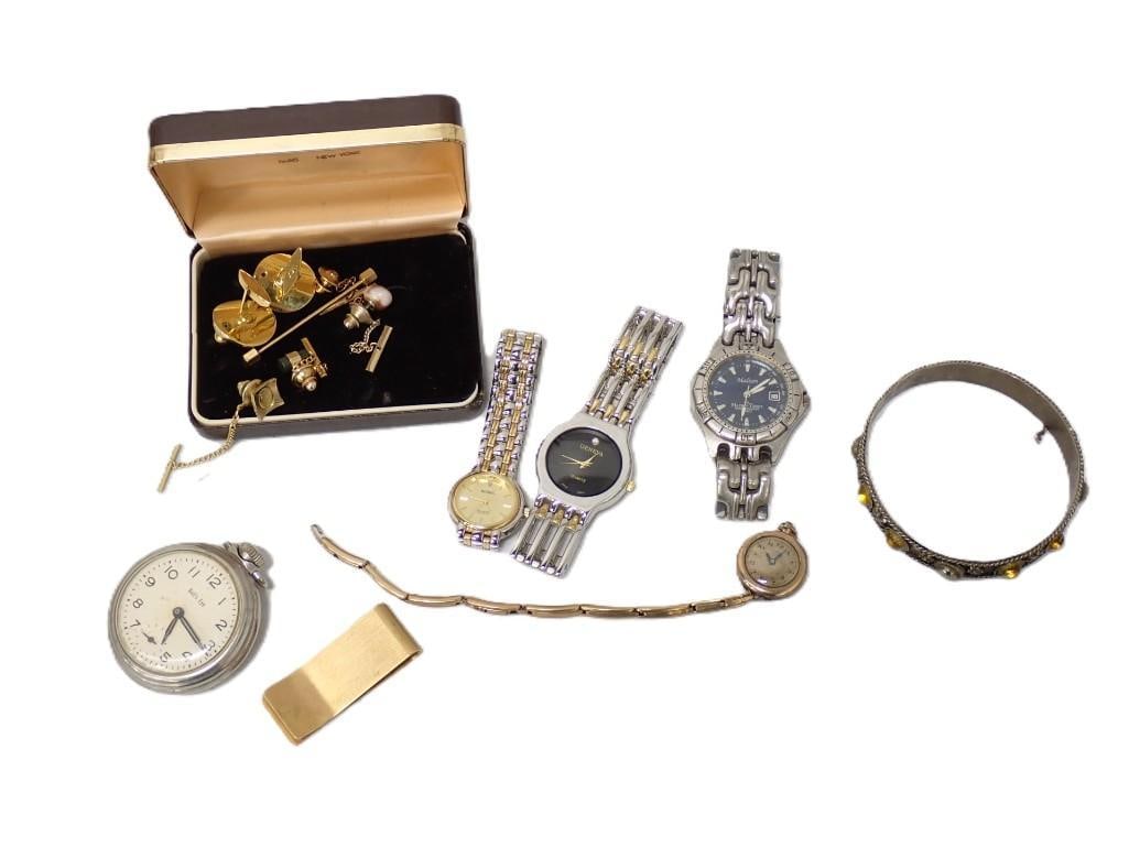 Lot of Watches, Costume Jewelry, Cuff Links, Vintage, etc.: Lot of Watches, Costume Jewelry, Cuff Links, Vintage, etc. All pictures are considered part of the description and should be examined carefully by bidders. Live Auctioneers is now offering Live Shippi