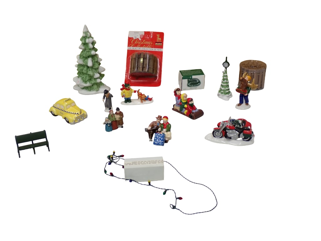 Christmas Village Accessories, People, Etc incl Department 56 Acrylic Icicles, Rolled Fence,: Christmas Village Accessories, People, Etc incl Department 56 Acrylic Icicles, Rolled Fence, people, benches, Red Motorcycle, Yellow Taxi, etc All pictures are considered part of the description and s