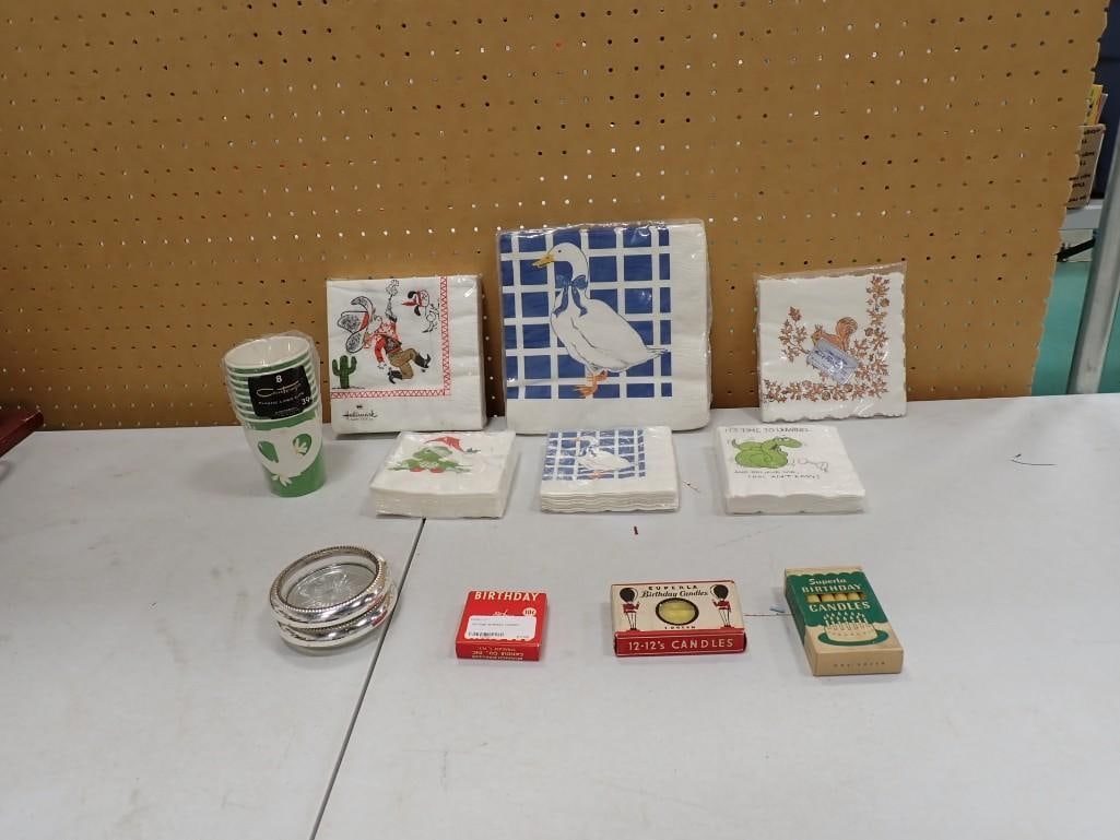 Party Items incl Vintage Coasters, Vintage Birthday Candles, Napkins, Paper Cups: Party Items incl Vintage Coasters, Vintage Birthday Candles, Napkins, Paper Cups All pictures are considered part of the description and should be examined carefully by bidders. Live Auctioneers is