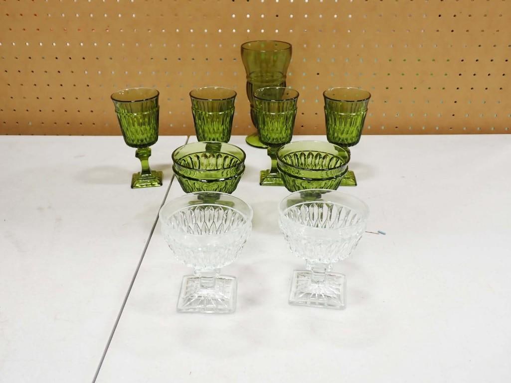 Vintage Indiana Glass Mount Vernon 4 Green Goblets, 2 Green Sherbets, 2 Clear Sherbets Plus a: Vintage Indiana Glass Mount Vernon 4 Green Goblets, 2 Green Sherbets, 2 Clear Sherbets Plus a Footed Shake or Malt Glass in Green - different pattern All pictures are considered part of the descripti
