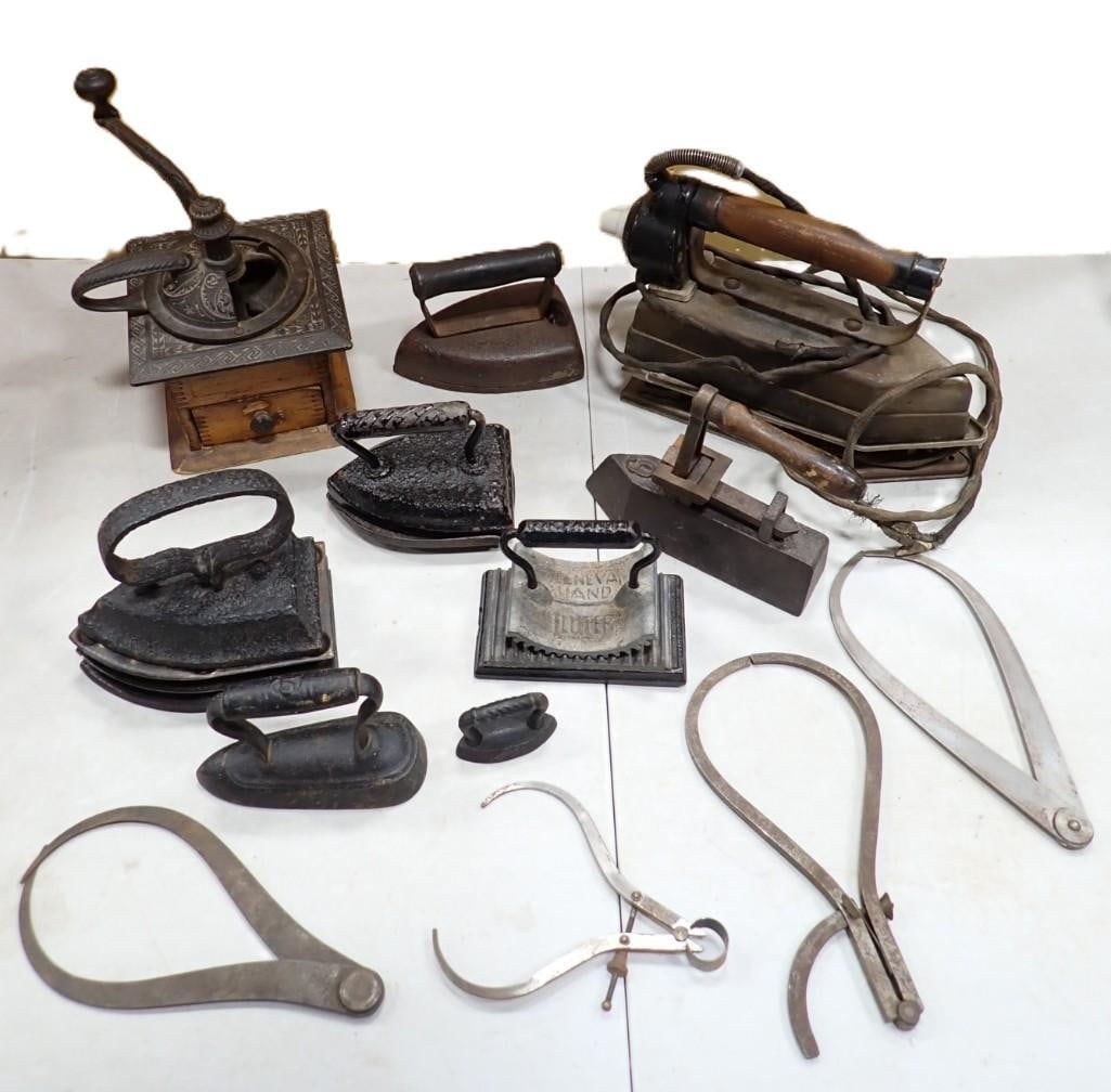 Large Antique Cast Iron and Metal Lot including Irons, Ice Picks, Coffee Grinder, etc. (1 of 10)