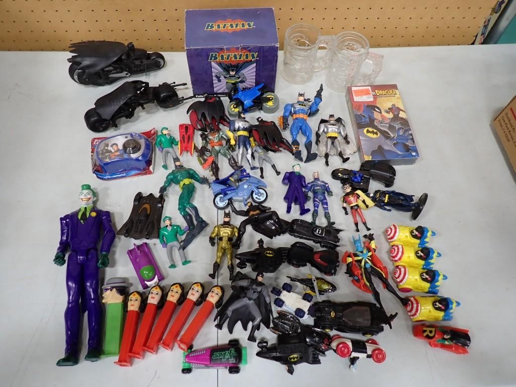 Bat man Toy Lot including Action Figures, Villains, Motorcycles, Wonder Woman Pez, Dracula Movie, et (1 of 9)