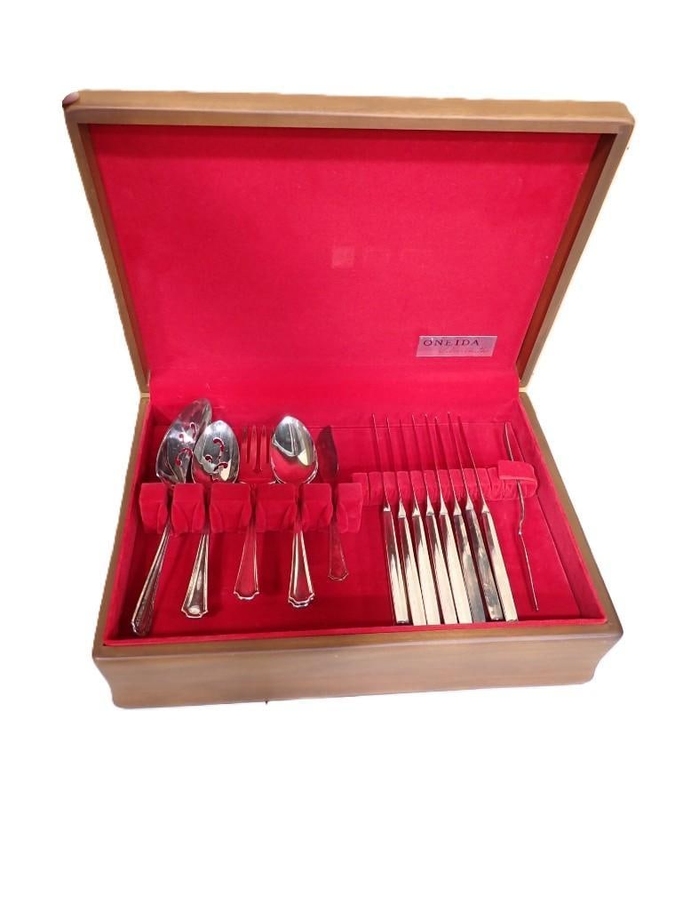 Lot of Oneida Silversmiths Flatware with Wooden Case: Lot of Oneida Silversmiths Flatware with Wooden Case 15x11x5" All pictures are considered part of the description and should be examined carefully by bidders. Live Auctioneers is now offering Live