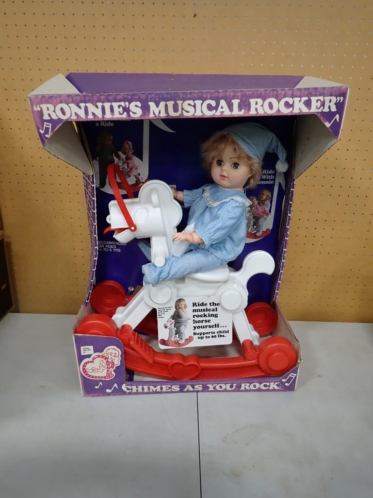 1982 Lovee Doll & Toy - Ronnie's Musical Rocker Rocking Horse with Doll: 1982 Lovee Doll & Toy - Ronnie's Musical Rocker Rocking Horse with Doll 26x20x9" All pictures are considered part of the description and should be examined carefully by bidders. Live Aucti