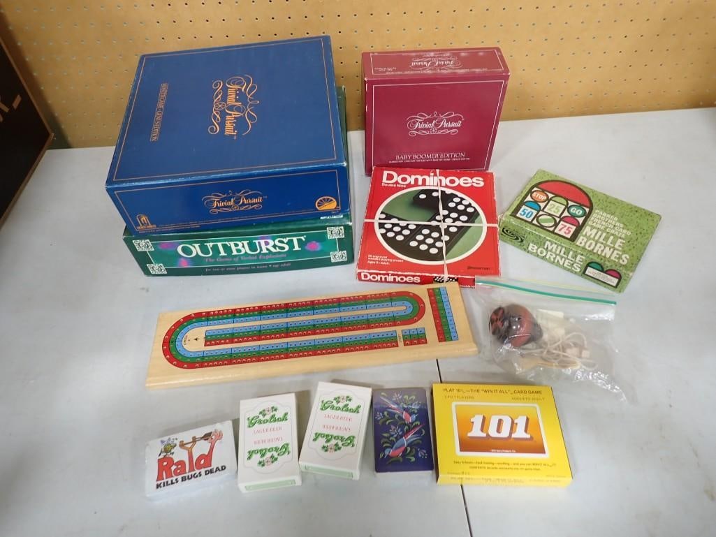 Game Lot including Outburst, Cribbage, Trivial Pursuit, Dominos, Grolsch Beer Cards, Pay 101, etc. (1 of 4)