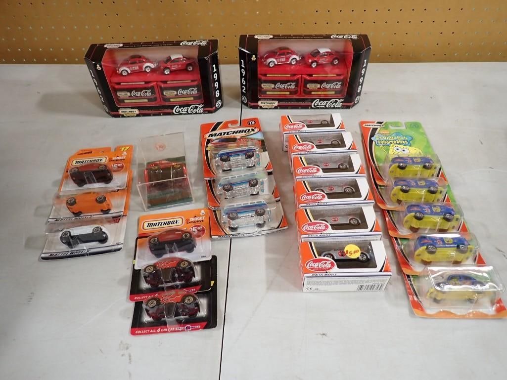 Assorted New in Package Cars including Coca Cola, Matchbox, Spongebob, Target Exclusive, etc.: Assorted New in Package Cars including Coca Cola, Matchbox, Sponge Bob, Target Exclusive, etc. All pictures are considered part of the description and should be examined carefully by bidders. Live Auc
