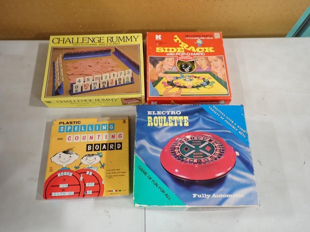 4 Vintage Games including Challenge Rummy, Pop-O-Matic Side Track, Electro Roulette, Spelling/Counti: 4 Vintage Games including Challenge Rummy, Pop-O-Matic Side Track, Electro Roulette, Spelling/Counting Board All pictures are considered part of the description and should be examined carefully by bid