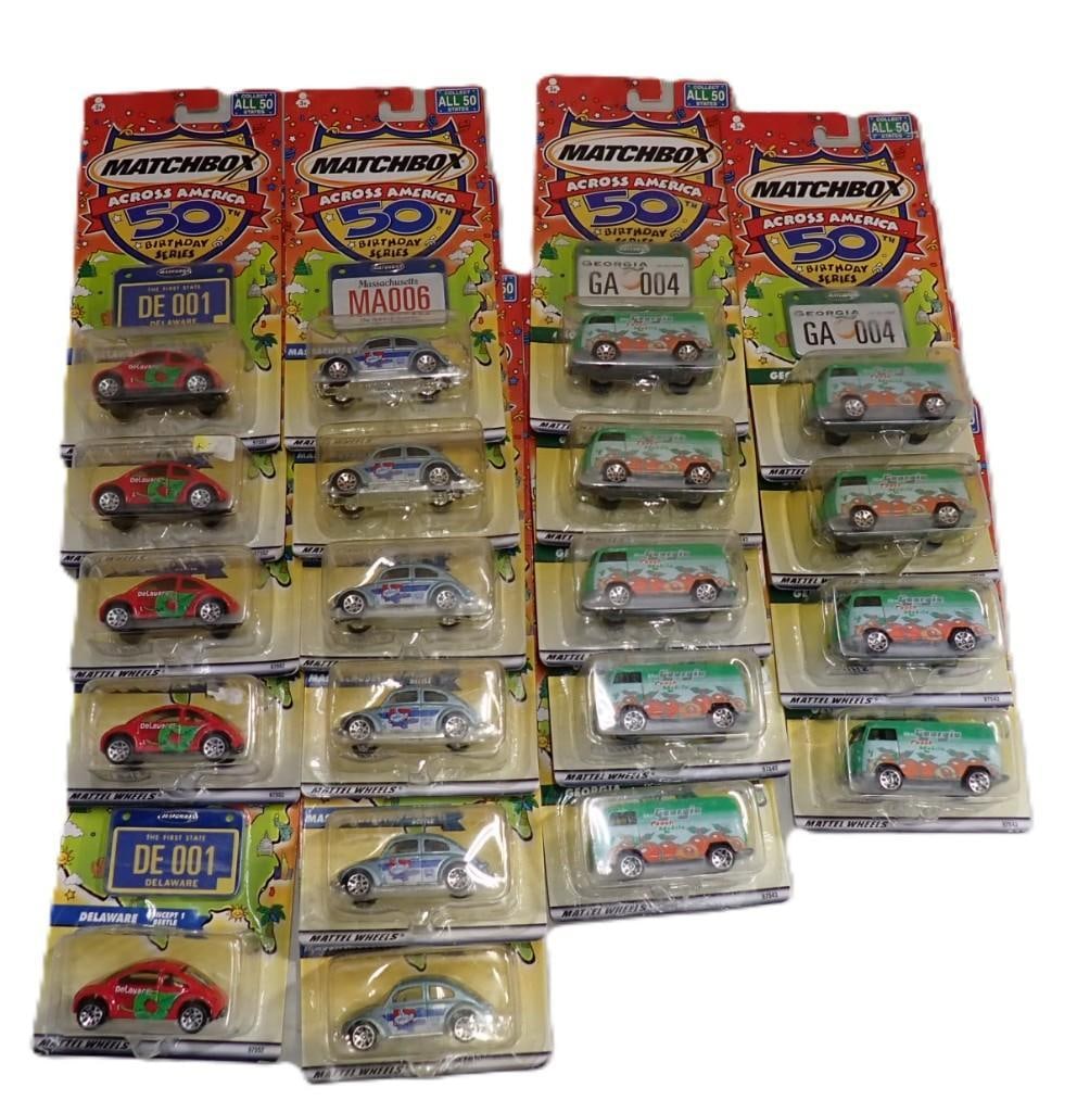 Lot of New in Package Matchbox Cars - Across America 50 Birthday Series: Lot of New in Package Matchbox Cars - Across America 50 Birthday Series 9x5x2" All pictures are considered part of the description and should be examined carefully by bidders. Live Auctioneers is
