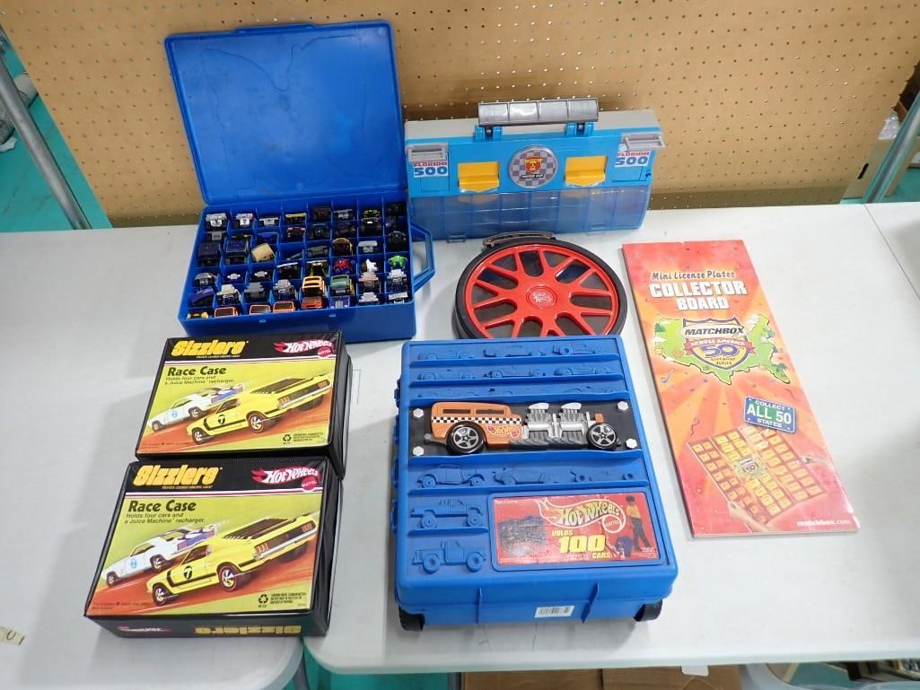 Lot of assorted Toy Cars and Car Cases including Hot Wheels, Matchbox Collector Board, etc.: Lot of assorted Toy Cars and Car Cases including Hot Wheels, Matchbox Collector Board, etc. One blue case has cars, the rest are empty. All pictures are considered part of the description and sh