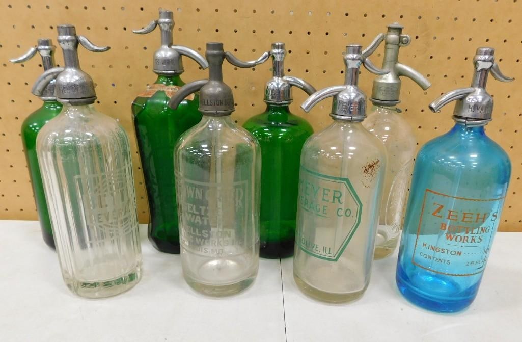 Lot of Vintage or Antique Seltzer Bottles including Meyer Beverage, Blue Glass, Green Glass, etc (1 of 16)