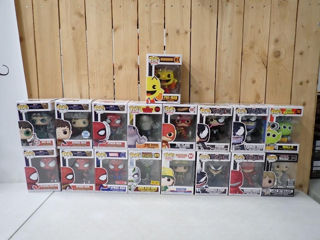 Lot of 17 Funko Pop! Figurines including Pac Man, Spiderman, Flash, Stranger Things, Venom, Star War (1 of 7)