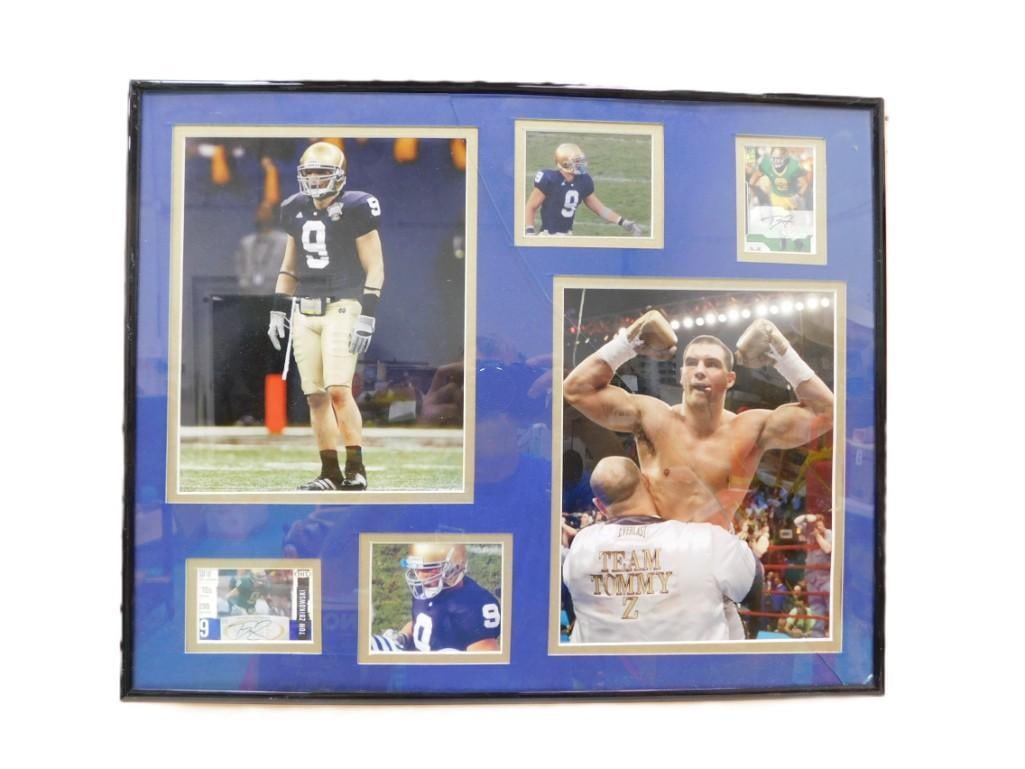 Framed Tom Zbikowski Plaque with Pictures of Boxing and Football, includes two Autograph Football Ca: Framed Tom Zbikowski Plaque with Pictures of Boxing and Football, includes two Autograph Football Cards. The Glass on the frame is cracked, but that may be removed. 22x17" All pictures are c