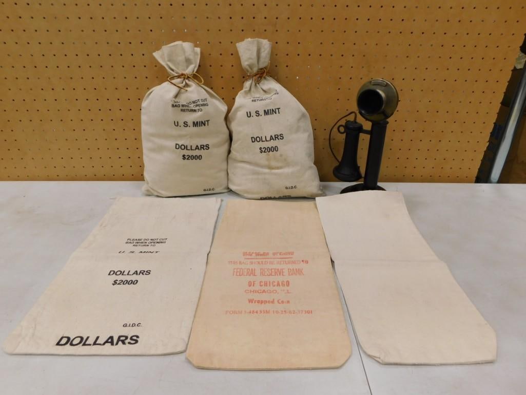 Vintage Federal Reserve Bank of Chicago Bank Bags (no money in them) plus an Antique Phone (1 of 6)