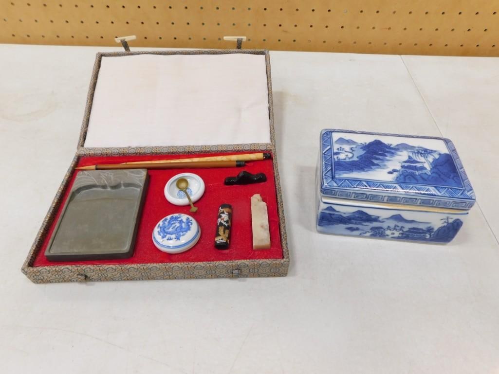 Vintage Chinese Calligraphy Set and Ceramic Box (1 of 8)