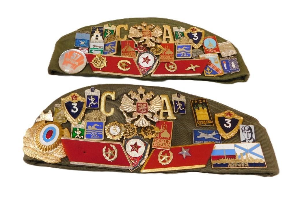 Pair of Vintage Soviet Military Hats full of Pins, Patches, etc. (1 of 7)