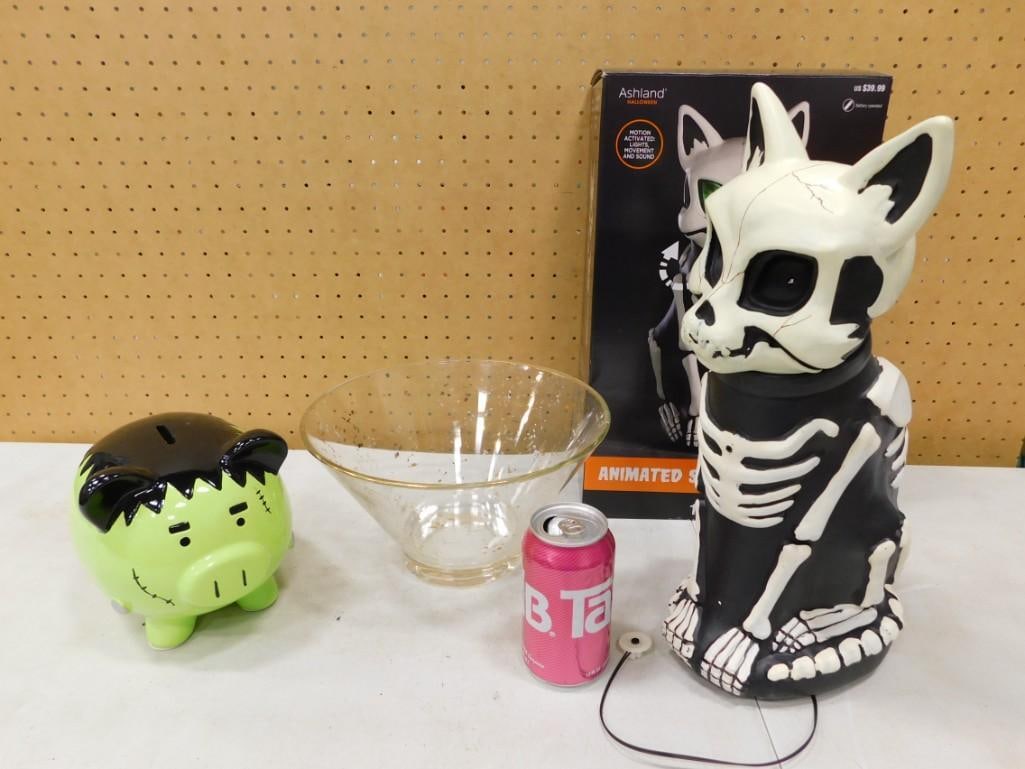 Halloween Lot including Frankenstein Piggy Bank, Animated Skeleton Cat (it works!), Glass Candy Dish (1 of 7)