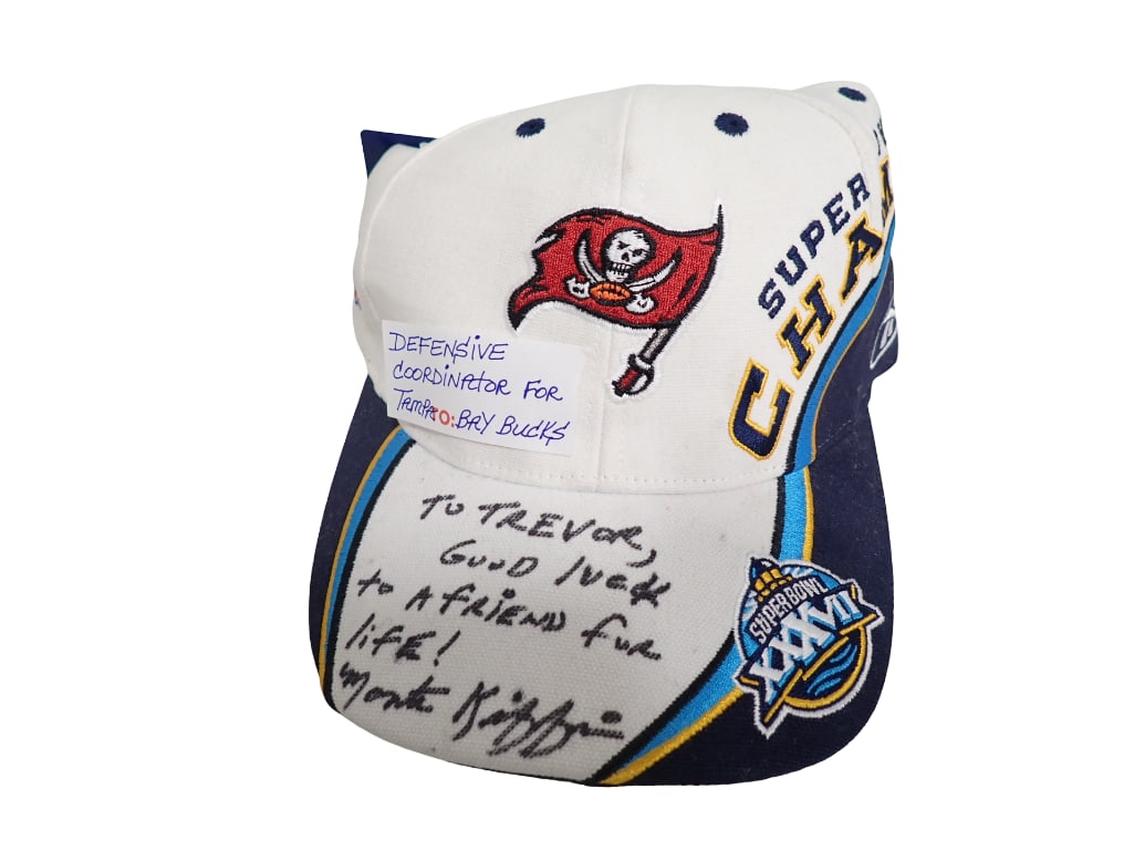 Super Bowl XXXVII Cap Autographed Monte Kiffin Defensive Coordinator for Tampa Bay Buccaneers NO COA: Super Bowl XXXVII Cap Autographed Monte Kiffin Defensive Coordinator for Tampa Bay Buccaneers NO COA. Inscribed "To Trevor, Good luck to a friend for life! Monte Kiffin . Has the origi