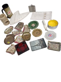 Lot of Ashtrays incl Mid Century Modern Atomic, Souvenir, Etc Plus A Camel Cigarettes Koozie,