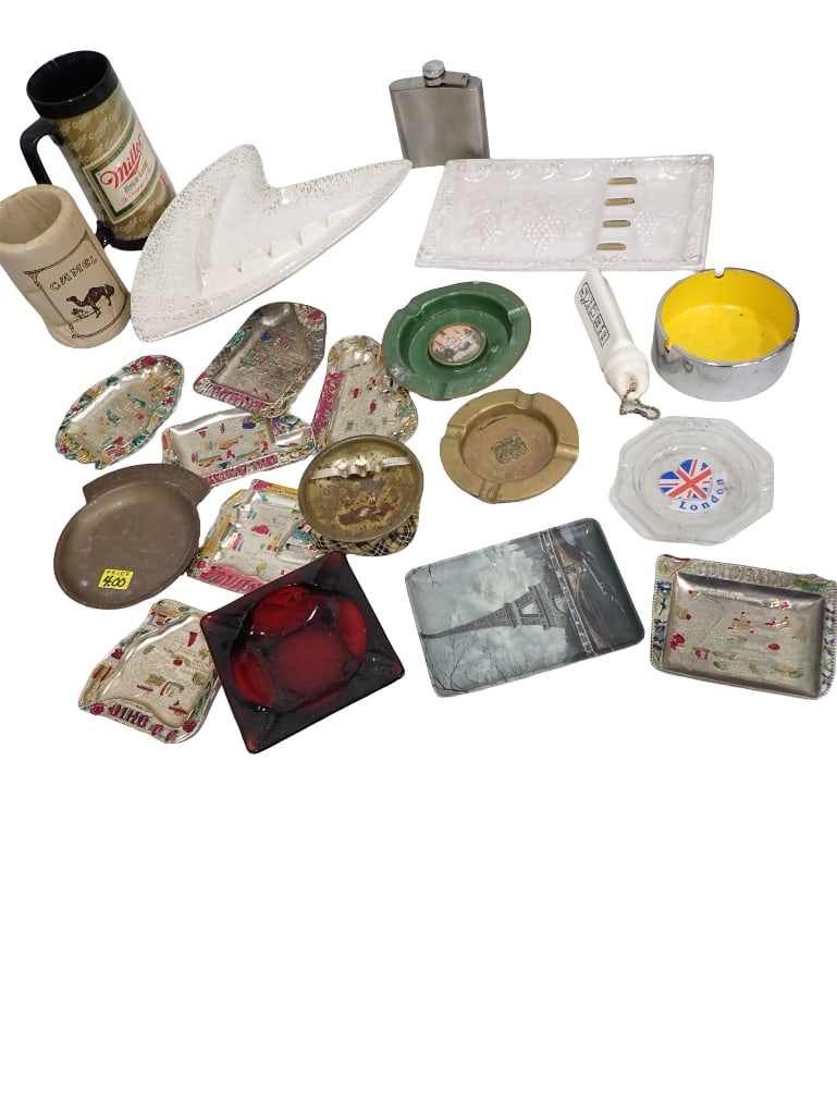 Lot of Ashtrays incl Mid Century Modern Atomic, Souvenir, Etc Plus A Camel Cigarettes Koozie,: Lot of Ashtrays incl Mid Century Modern Atomic, Souvenir, Etc Plus A Camel Cigarettes Koozie, a Flask, etc. Condition: Boomerang shaped ashtray is chipped. Please see pictures. 
