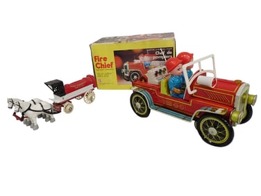 Fire Chief Battery Operated Tin Toy and an Ertl Die Cast Horse and Wagon Fire Truck Coin Bank