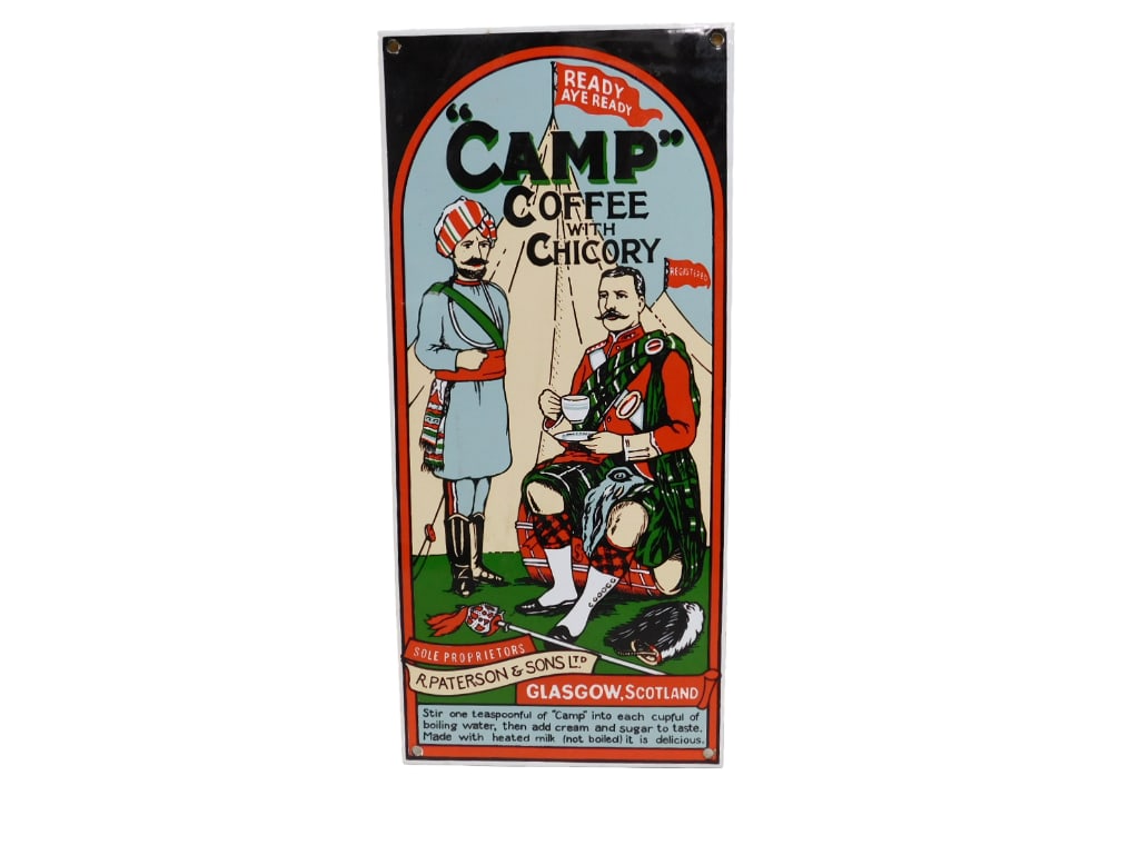 Camp Coffee with Chicory Porcelain Enameled Sign: Camp Coffee with Chicory Porcelain Enameled Sign
