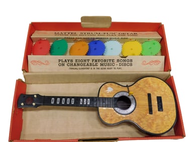 Vintage Strum Fun Getar Toy Music Box Guitar with Discs in Original Box